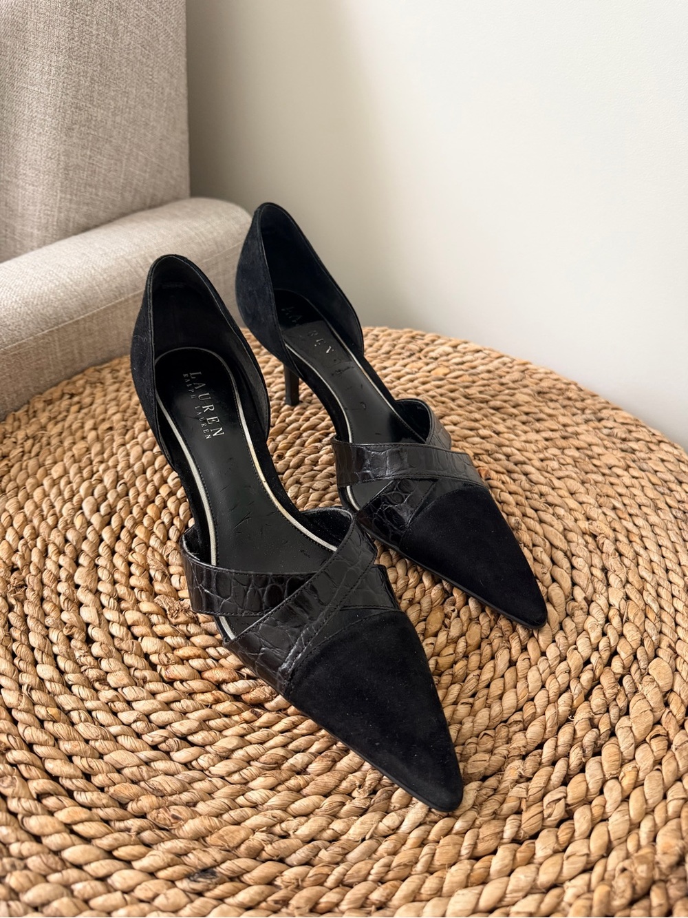 Lauren Ralph Lauren Black Pointed D'Orsay Heels with Croc Strap